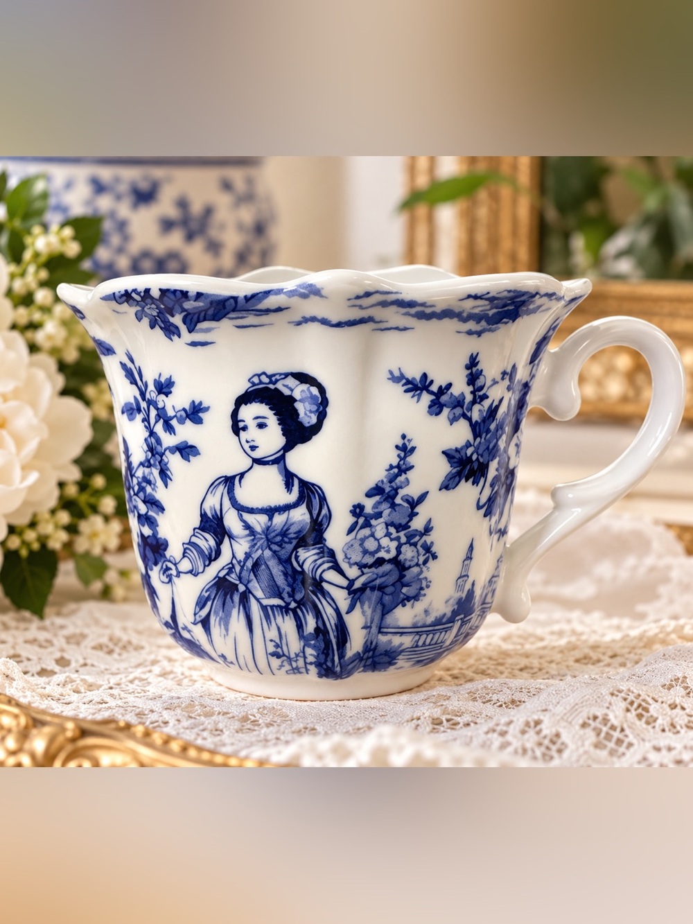 Kent Pottery Blue & White Victorian Lady Floral Scalloped Mug